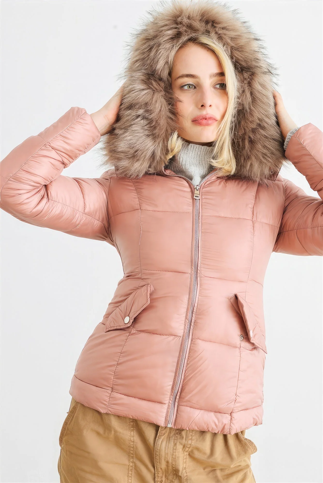 Long Sleeve Faux Fur Hood Padded Water Resistant Finish Jacket - Image 4