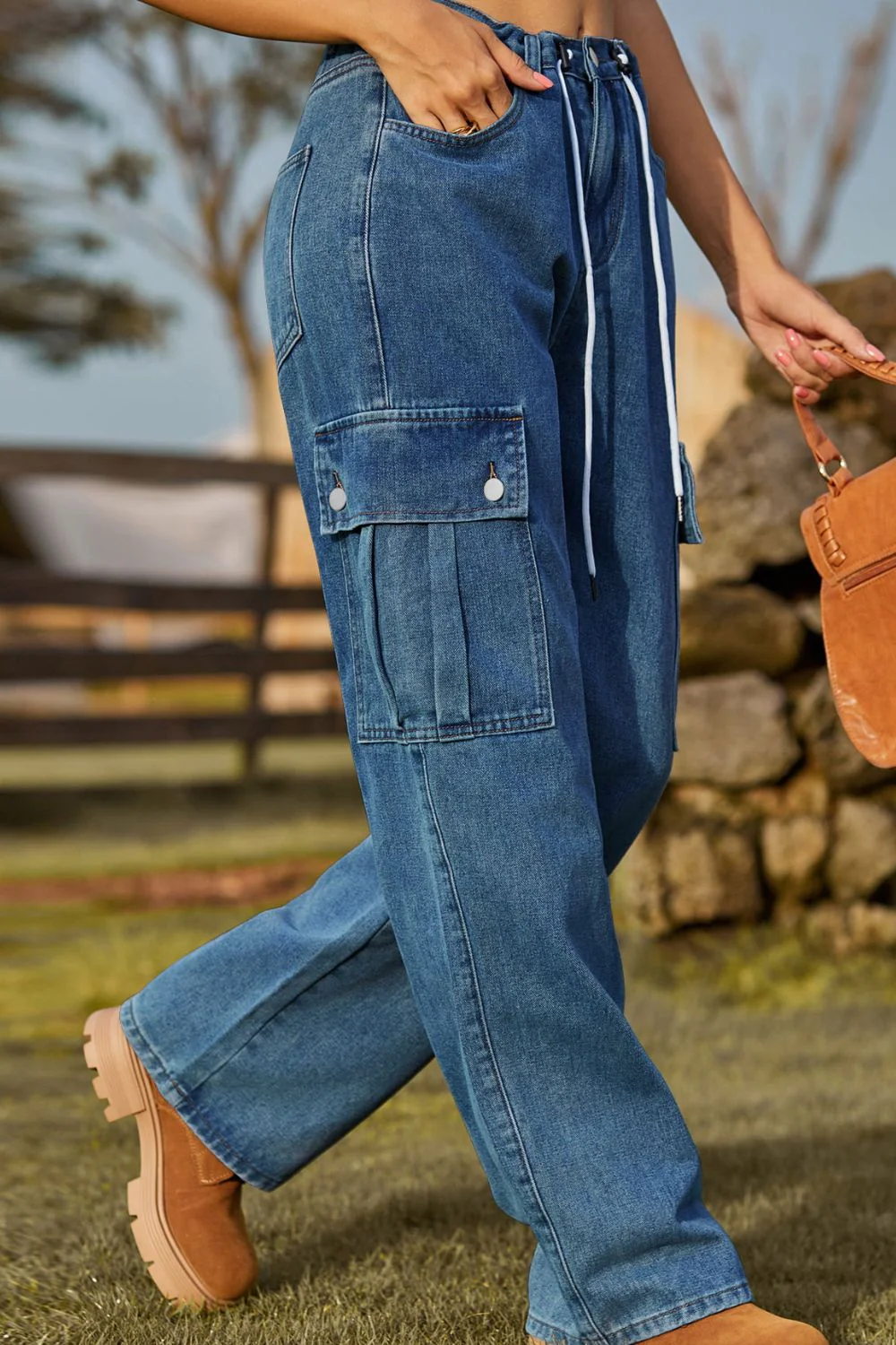 Loose Fit Drawstring Jeans with Pocket - Image 3