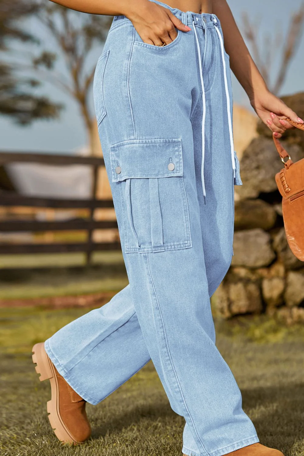 Loose Fit Drawstring Jeans with Pocket - Image 6