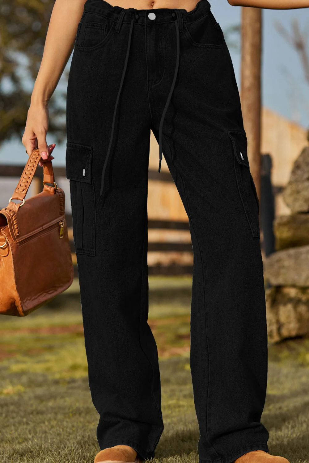 Loose Fit Drawstring Jeans with Pocket - Image 9