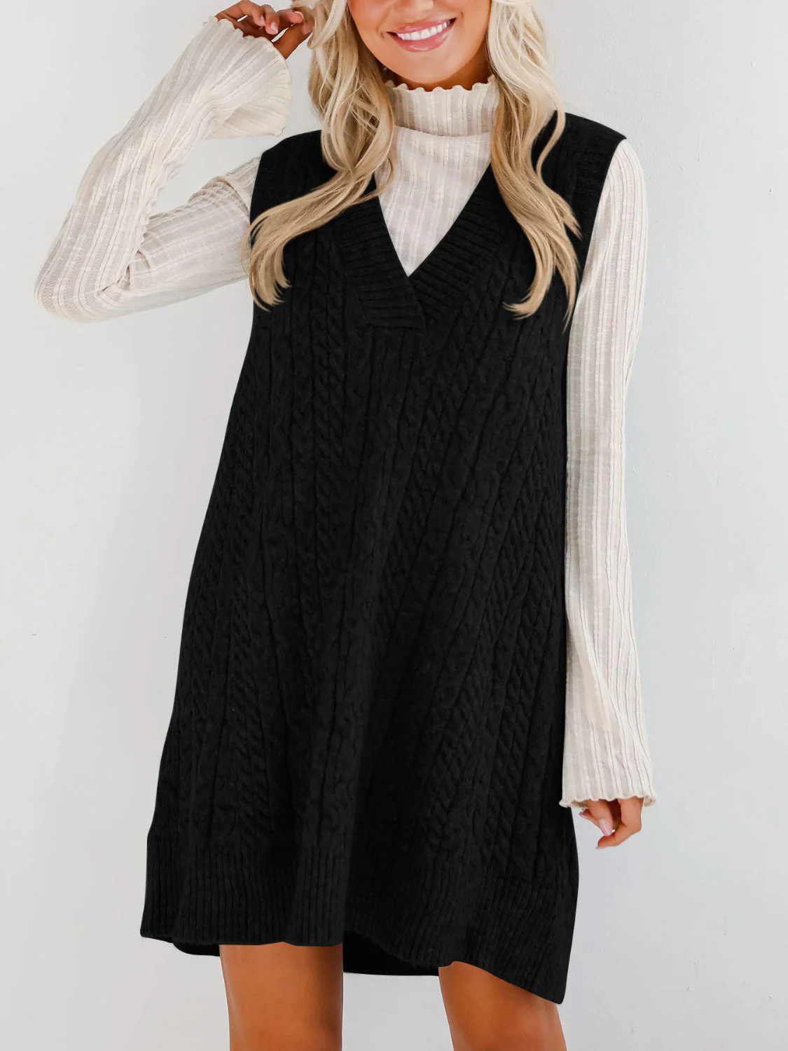 Lovelet Cable Knit V-Neck Mini Sweater Overall Dress - Image 10