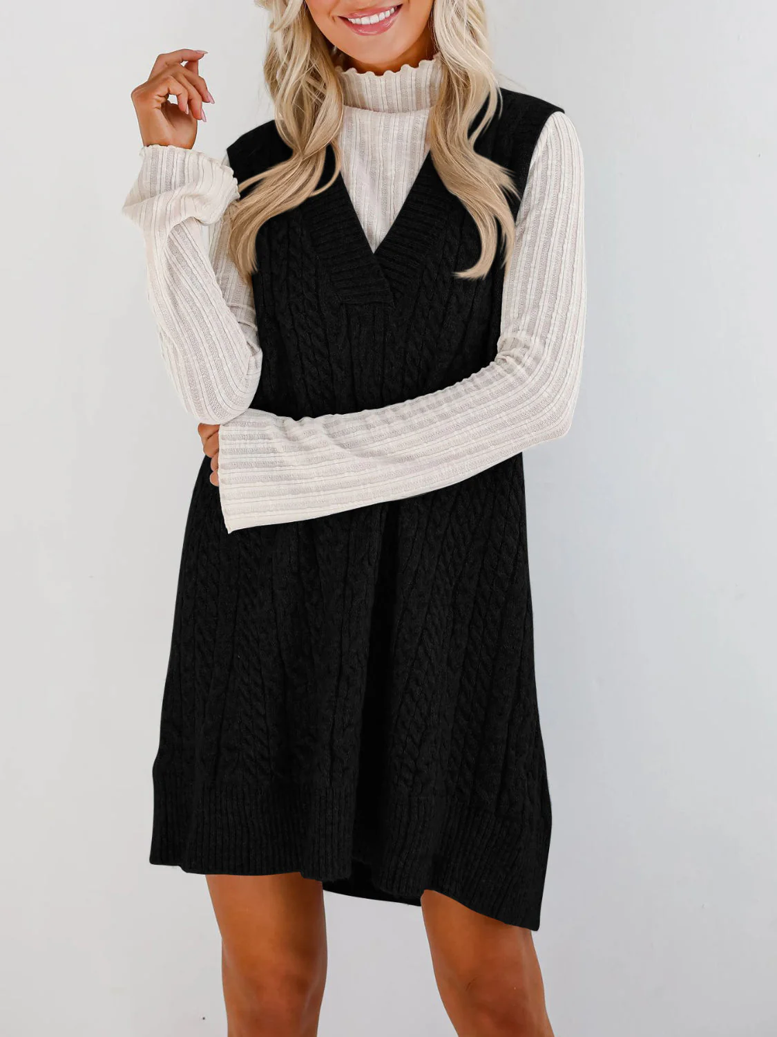 Lovelet Cable Knit V-Neck Mini Sweater Overall Dress - Image 11