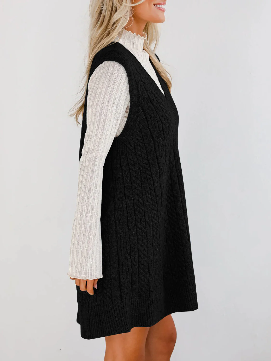 Lovelet Cable Knit V-Neck Mini Sweater Overall Dress - Image 13