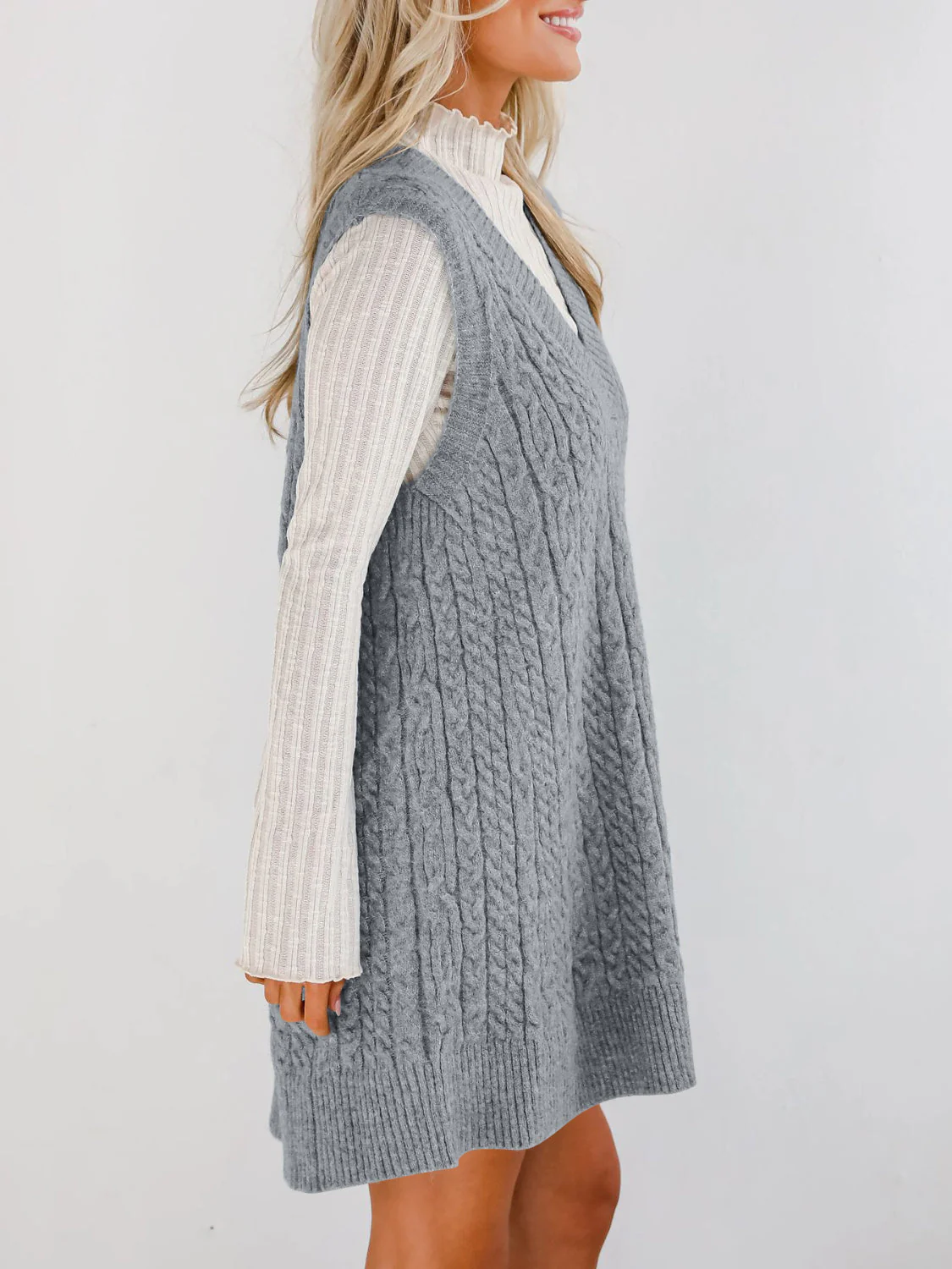 Lovelet Cable Knit V-Neck Mini Sweater Overall Dress - Image 2