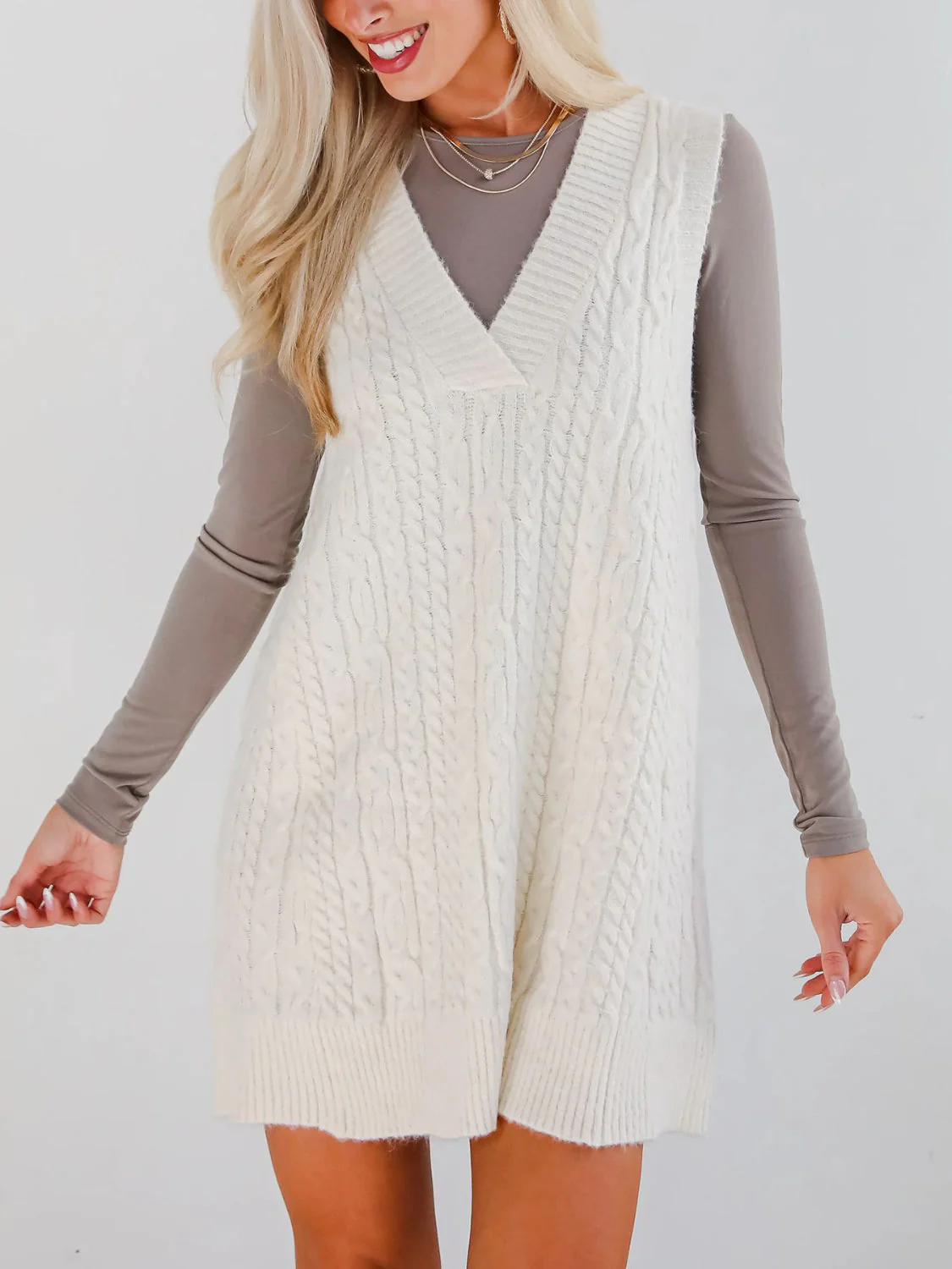 Lovelet Cable Knit V-Neck Mini Sweater Overall Dress - Image 21