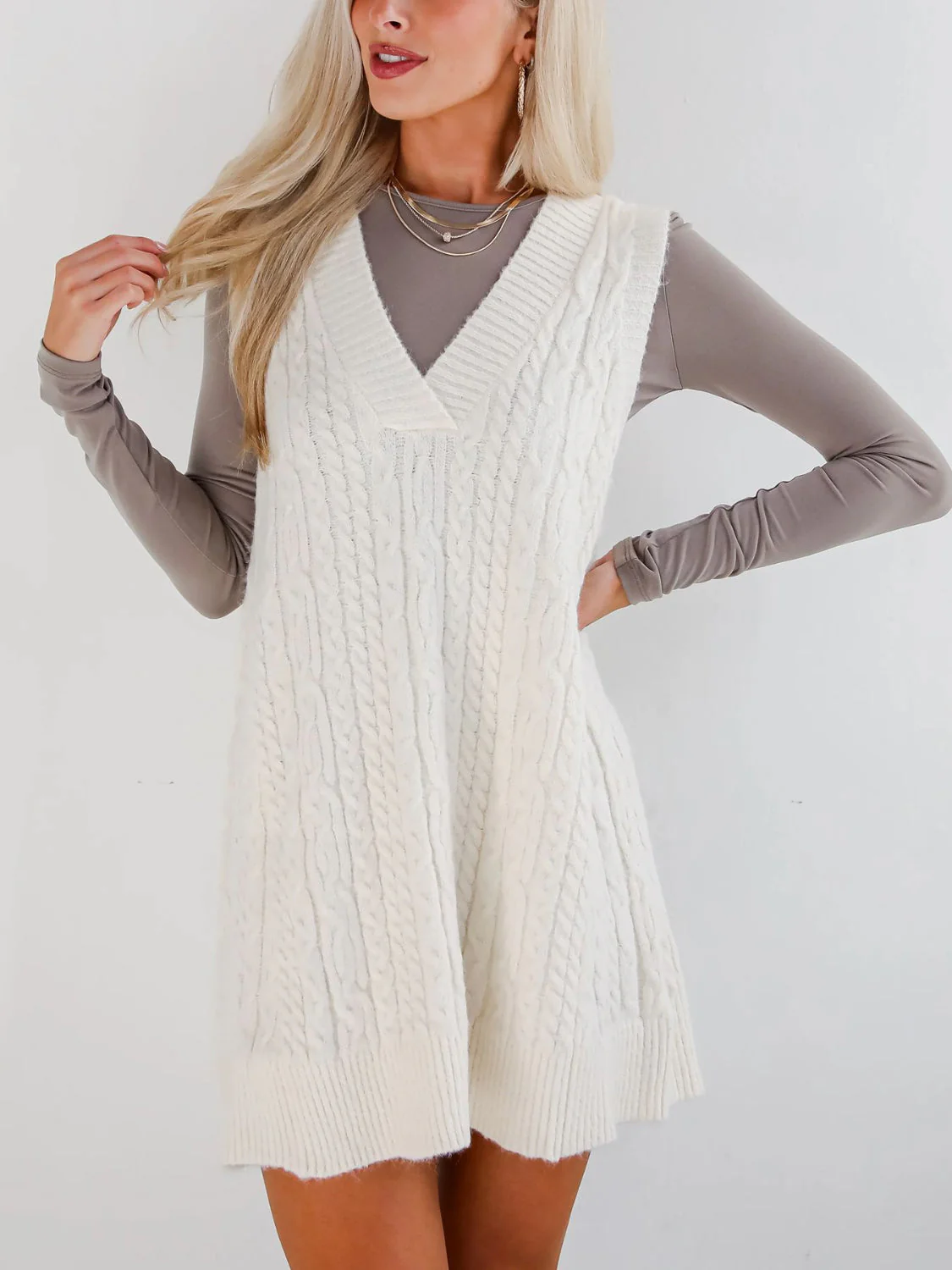 Lovelet Cable Knit V-Neck Mini Sweater Overall Dress - Image 22