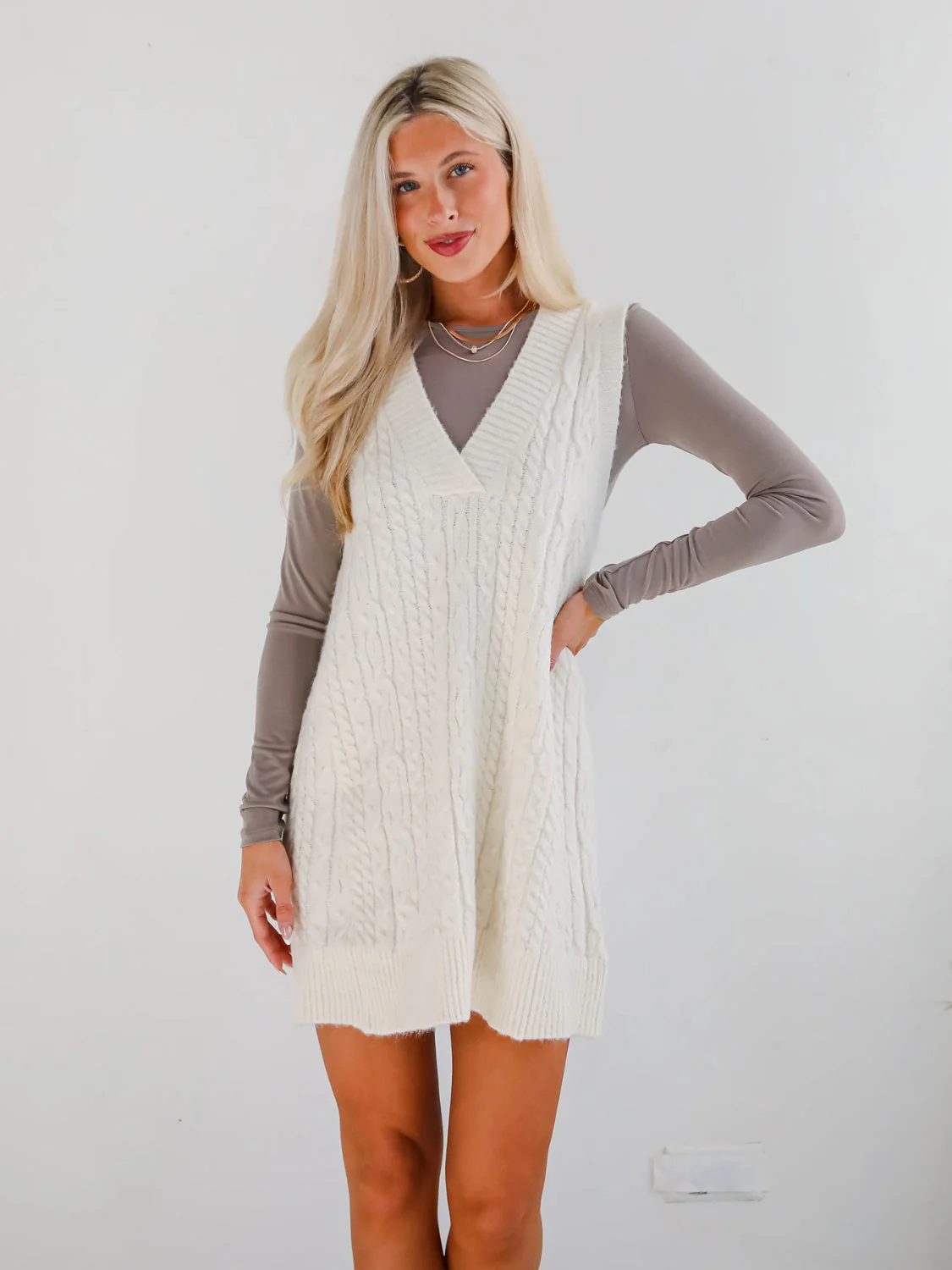 Lovelet Cable Knit V-Neck Mini Sweater Overall Dress - Image 23