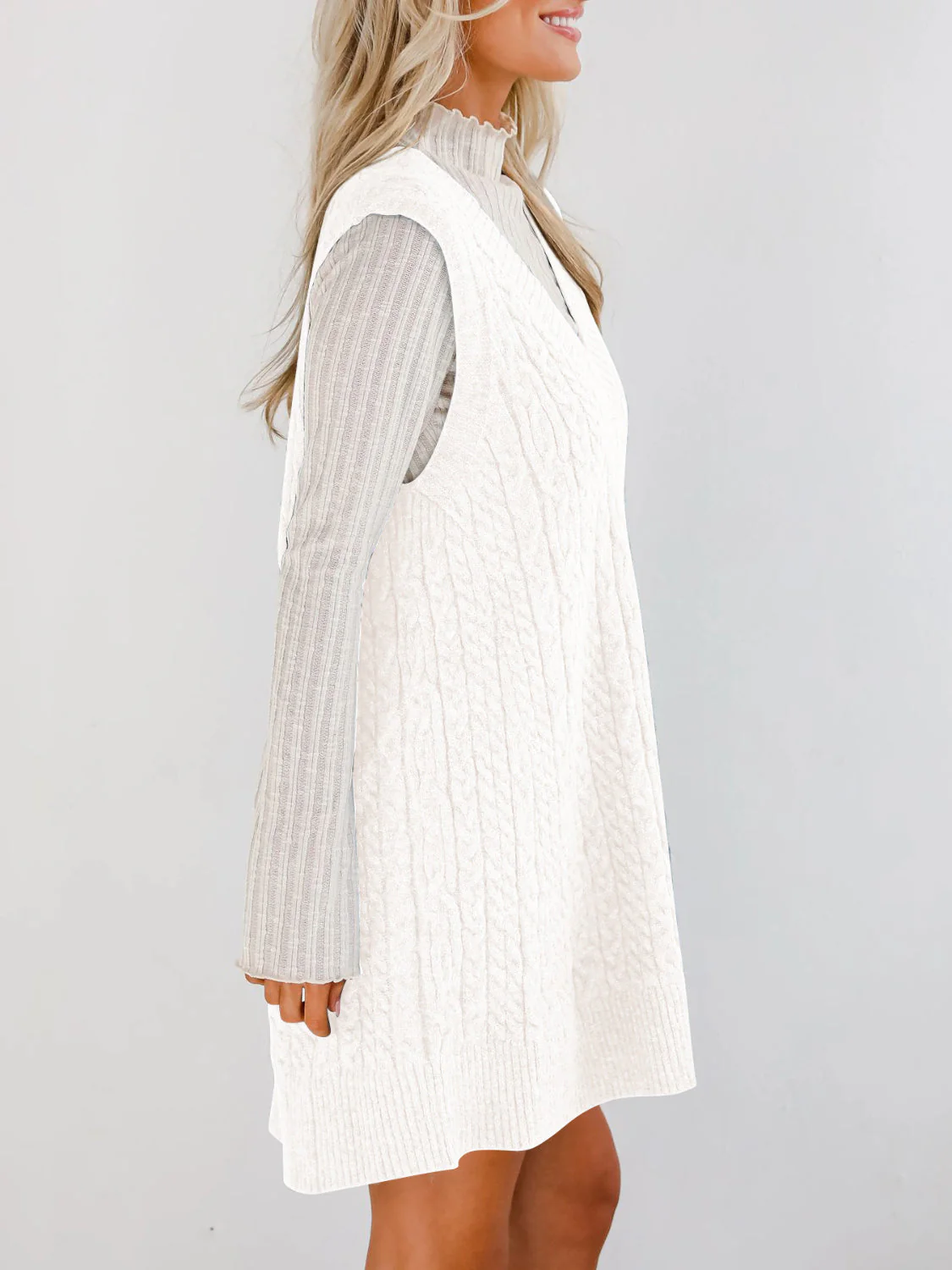 Lovelet Cable Knit V-Neck Mini Sweater Overall Dress - Image 25