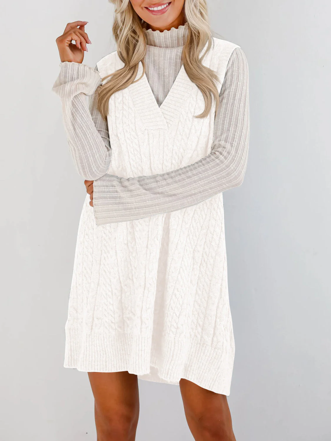 Lovelet Cable Knit V-Neck Mini Sweater Overall Dress - Image 26
