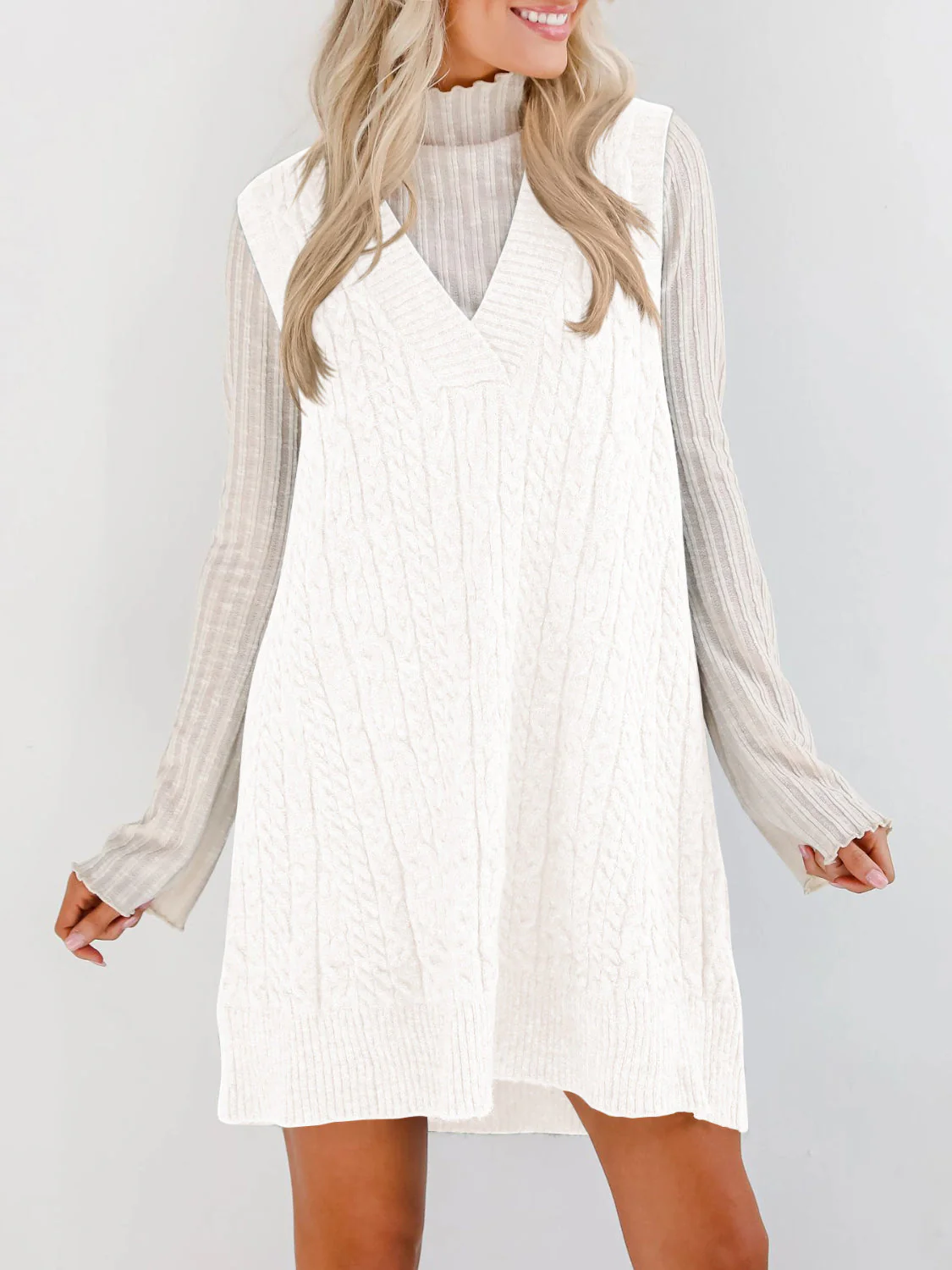 Lovelet Cable Knit V-Neck Mini Sweater Overall Dress - Image 27