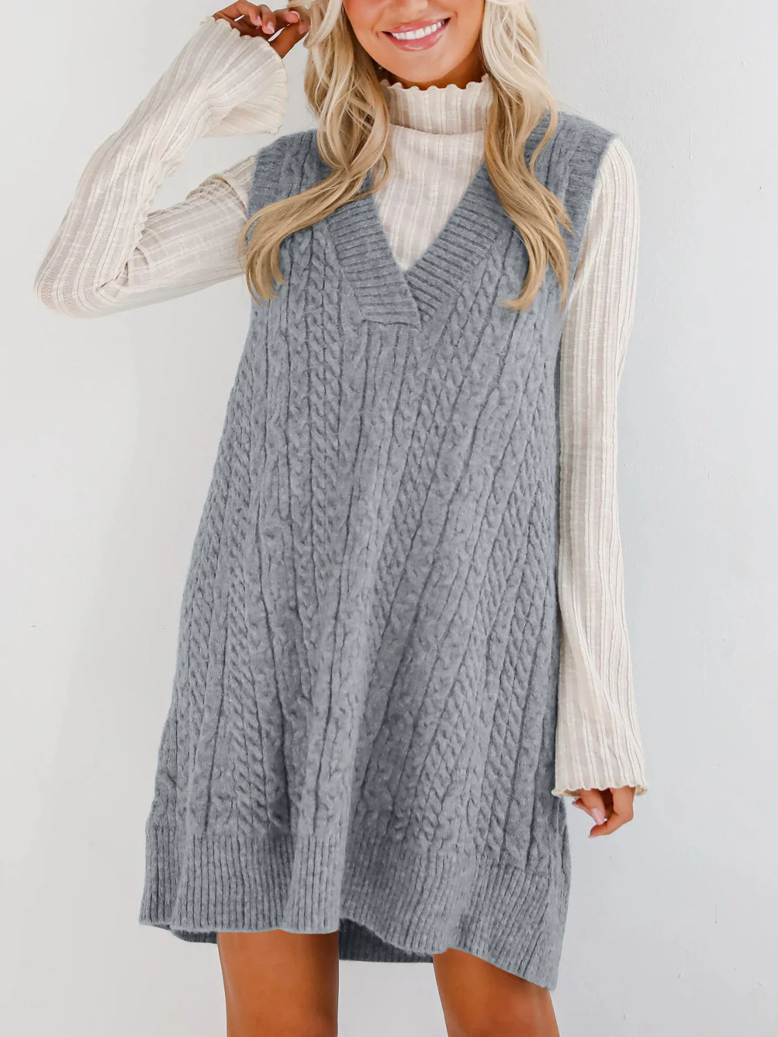 Lovelet Cable Knit V-Neck Mini Sweater Overall Dress - Image 3