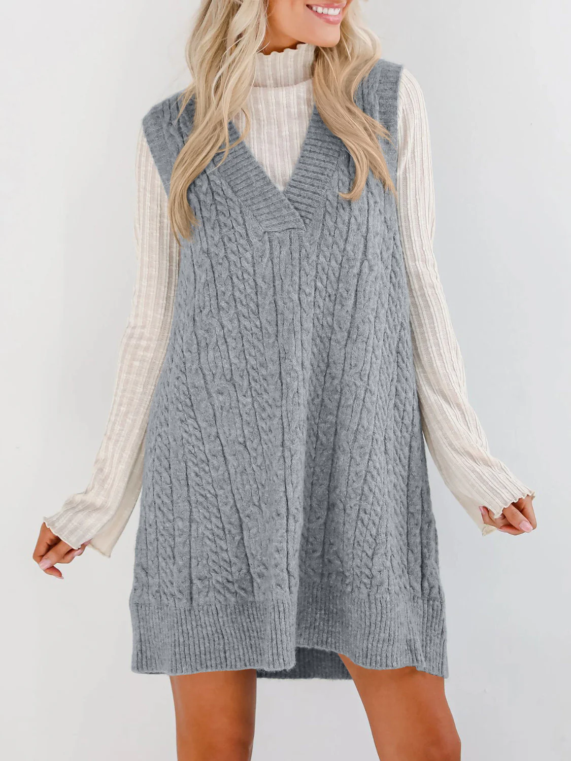 Lovelet Cable Knit V-Neck Mini Sweater Overall Dress - Image 4