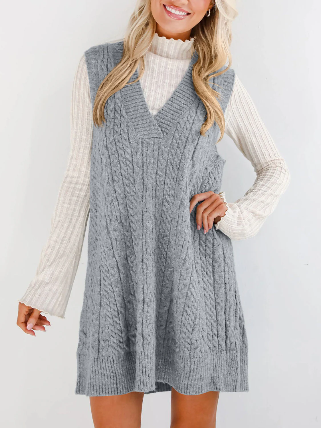 Lovelet Cable Knit V-Neck Mini Sweater Overall Dress - Image 6