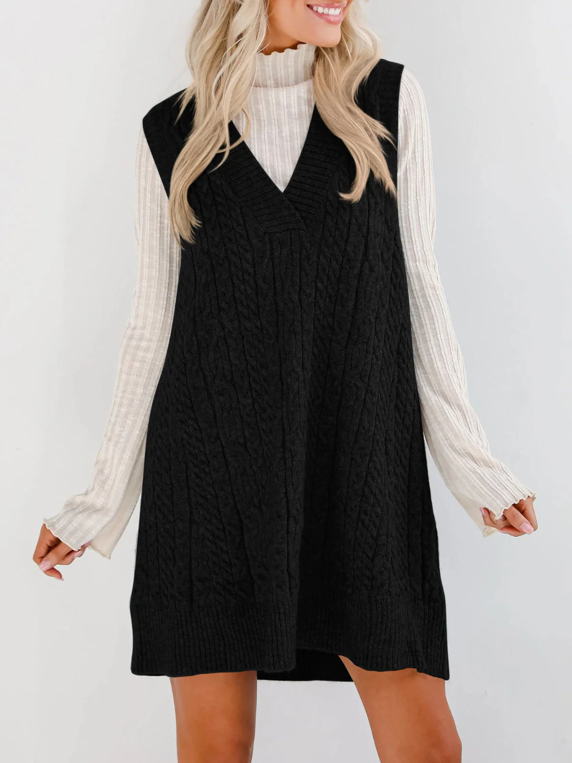 Lovelet Cable Knit V-Neck Mini Sweater Overall Dress - Image 8