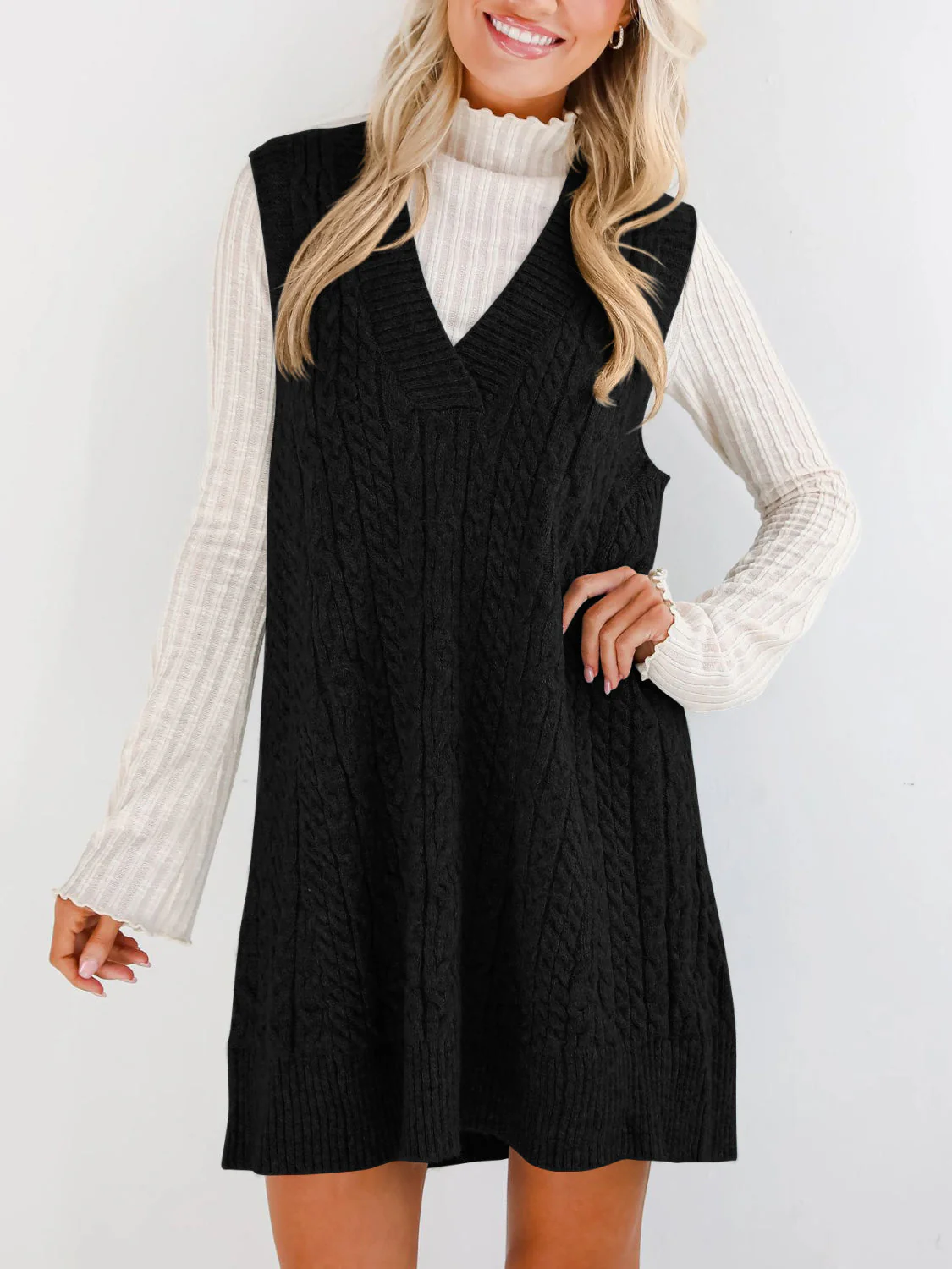 Lovelet Cable Knit V-Neck Mini Sweater Overall Dress - Image 9