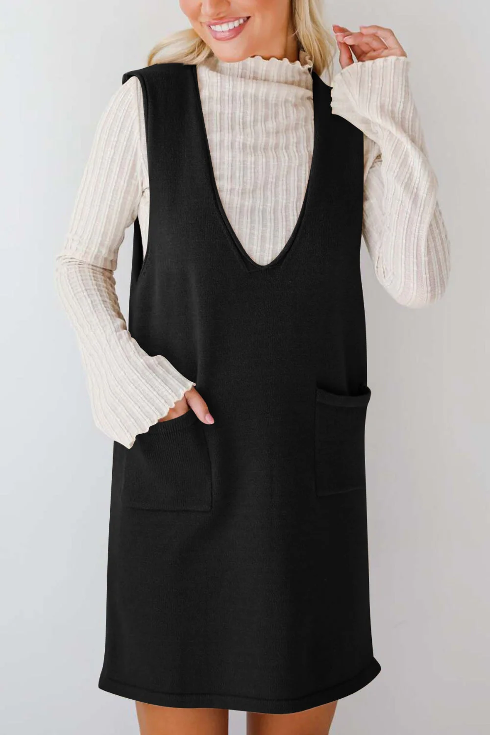 Lovelet Pocketed V-Neck Mini Sweater Overall Dress - Image 10