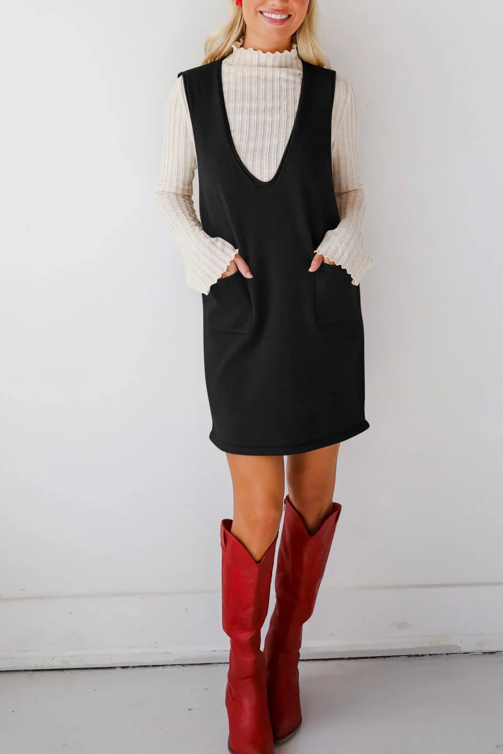 Lovelet Pocketed V-Neck Mini Sweater Overall Dress - Image 11