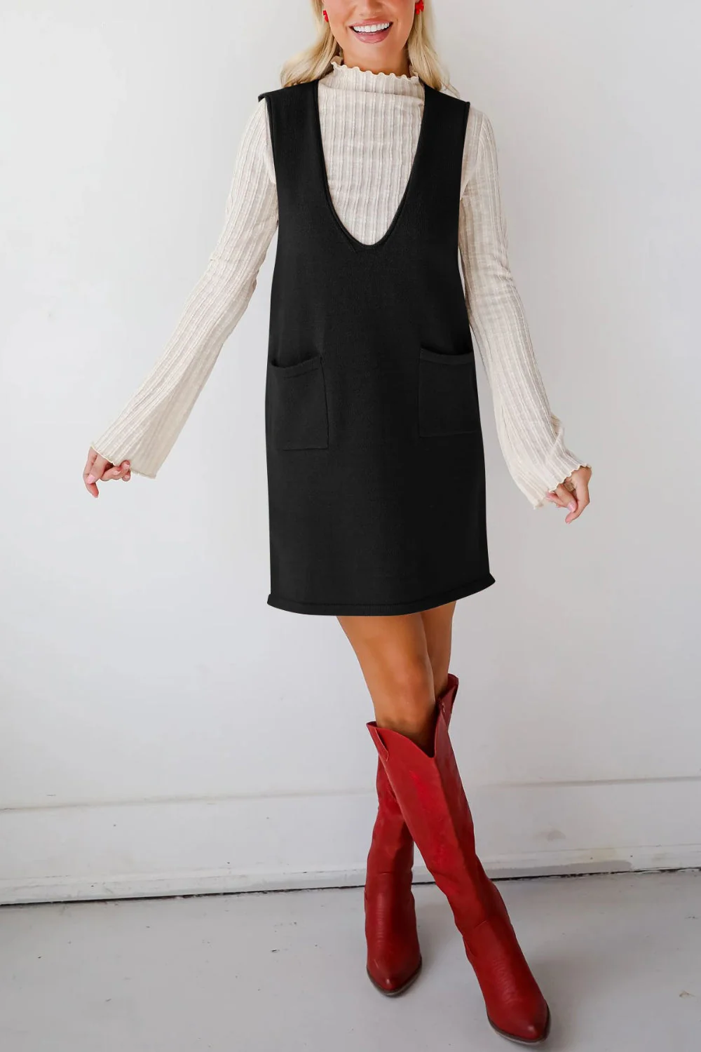 Lovelet Pocketed V-Neck Mini Sweater Overall Dress - Image 12