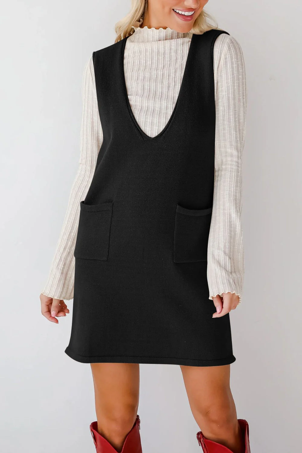 Lovelet Pocketed V-Neck Mini Sweater Overall Dress - Image 13