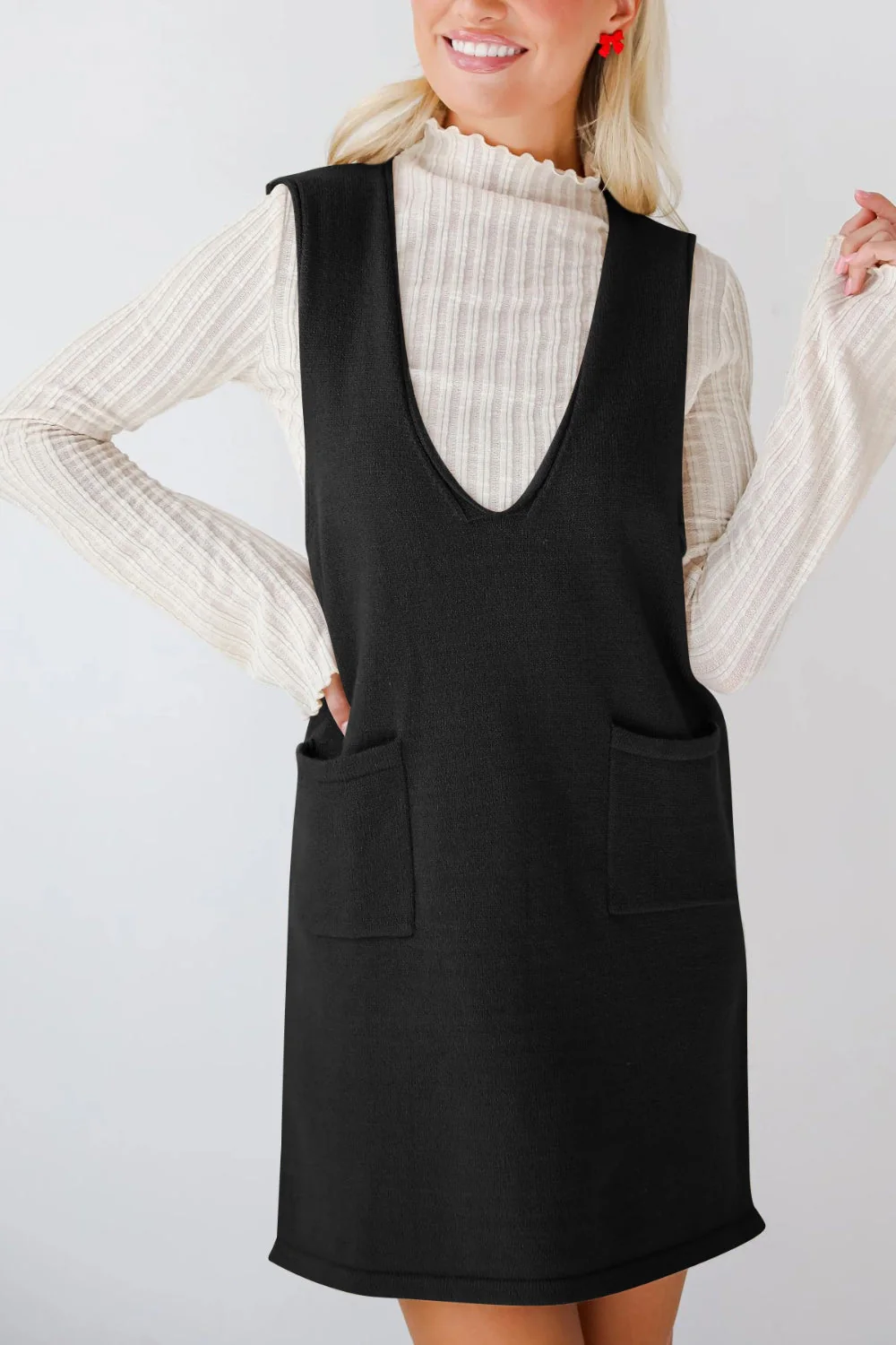 Lovelet Pocketed V-Neck Mini Sweater Overall Dress - Image 14