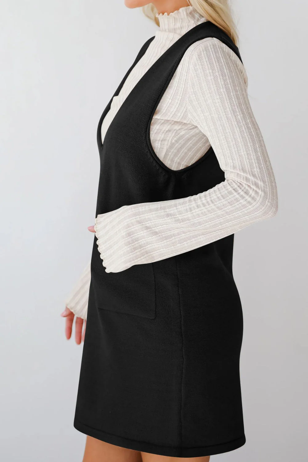 Lovelet Pocketed V-Neck Mini Sweater Overall Dress - Image 15