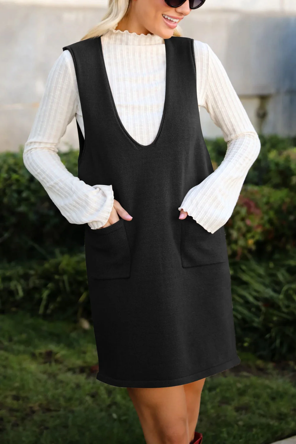 Lovelet Pocketed V-Neck Mini Sweater Overall Dress - Image 18