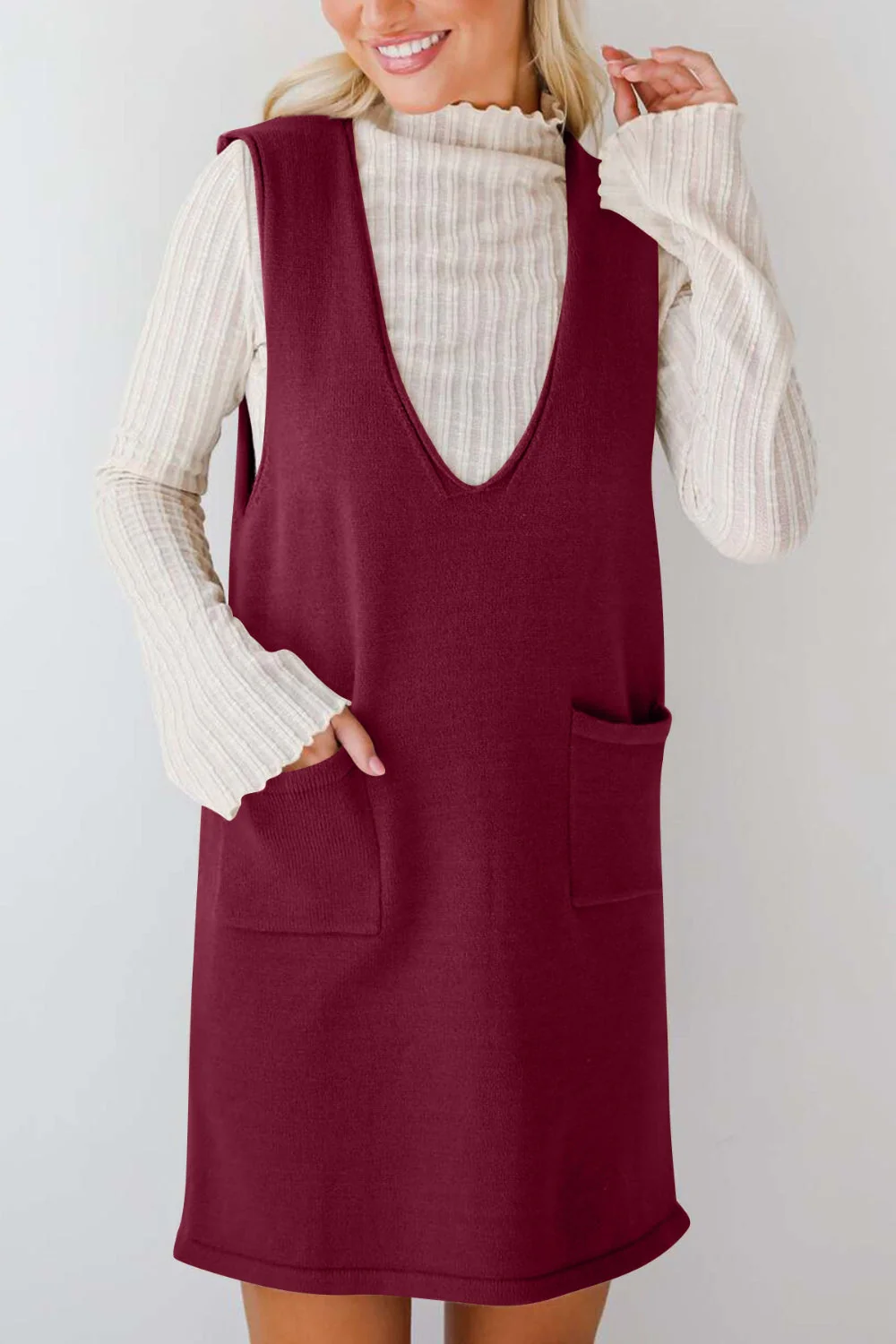 Lovelet Pocketed V-Neck Mini Sweater Overall Dress - Image 3