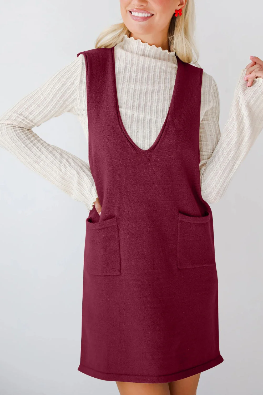 Lovelet Pocketed V-Neck Mini Sweater Overall Dress - Image 4