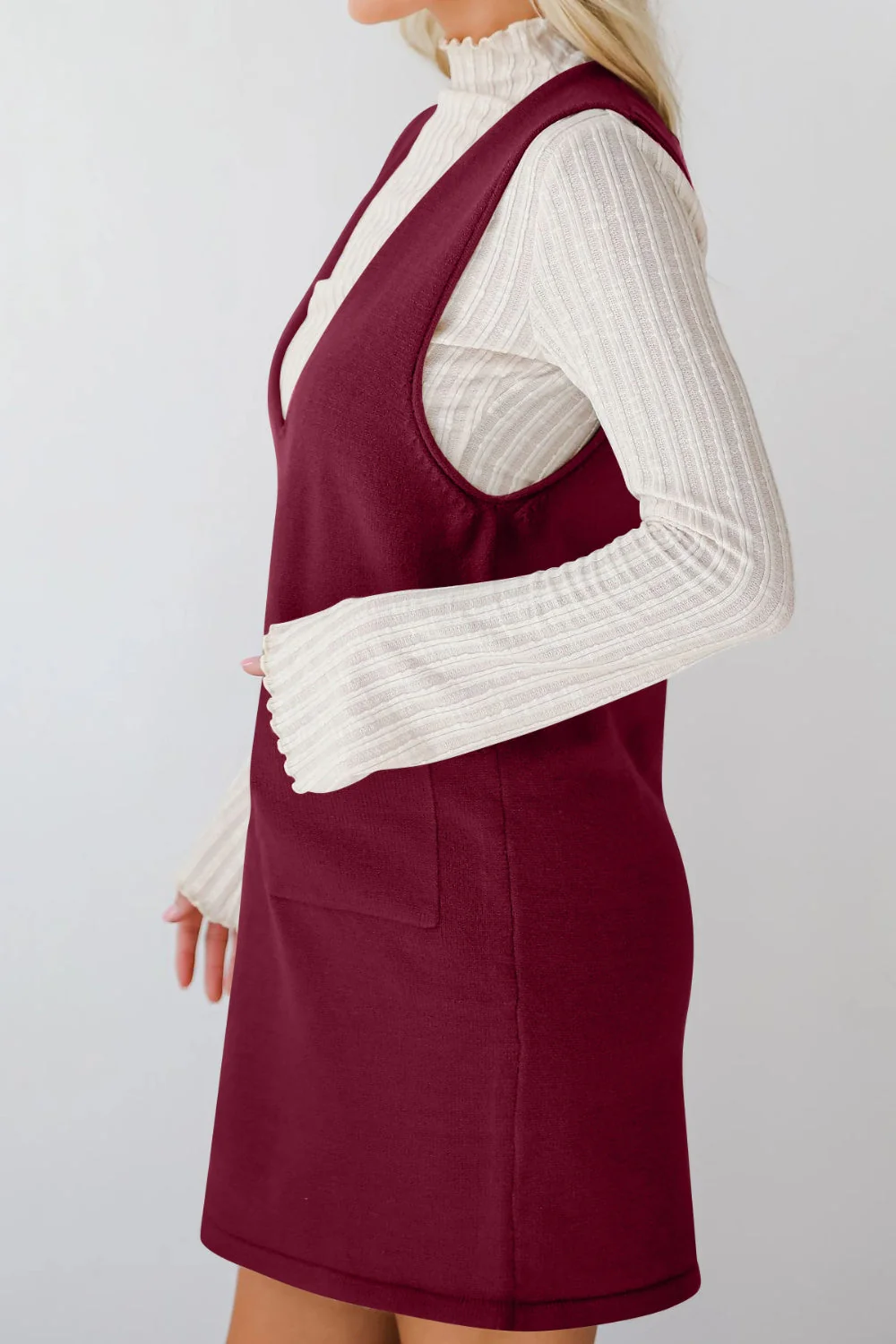 Lovelet Pocketed V-Neck Mini Sweater Overall Dress - Image 5