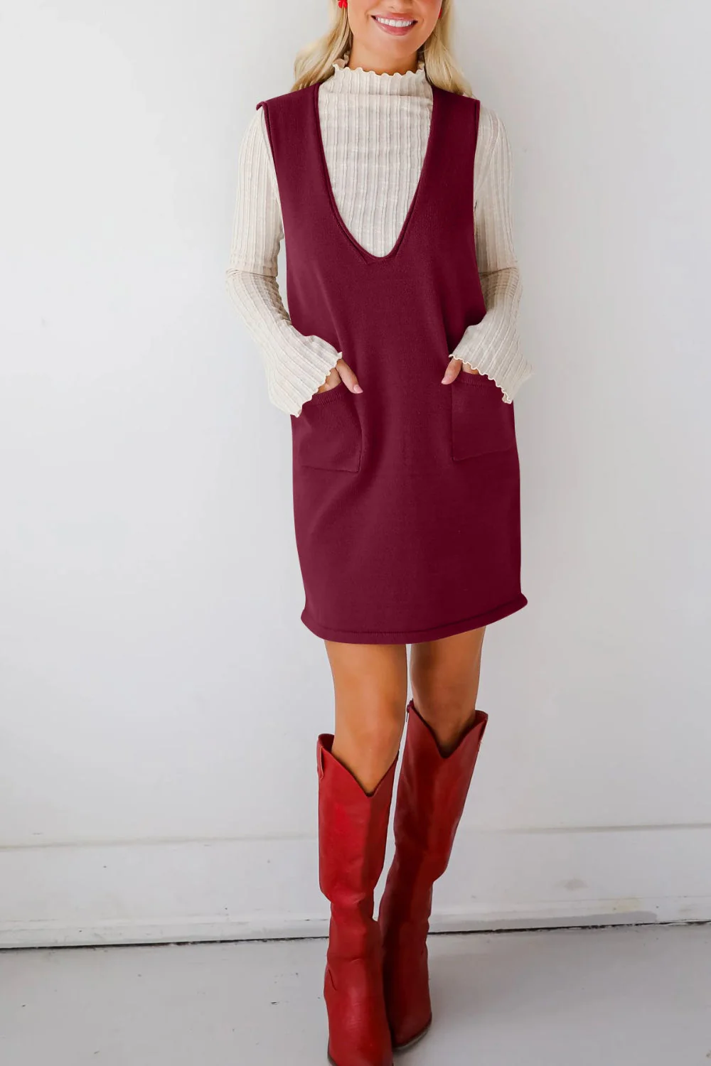 Lovelet Pocketed V-Neck Mini Sweater Overall Dress - Image 6