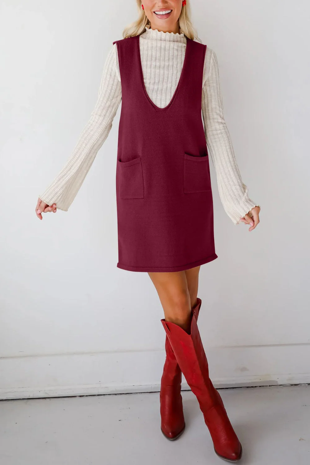 Lovelet Pocketed V-Neck Mini Sweater Overall Dress - Image 7