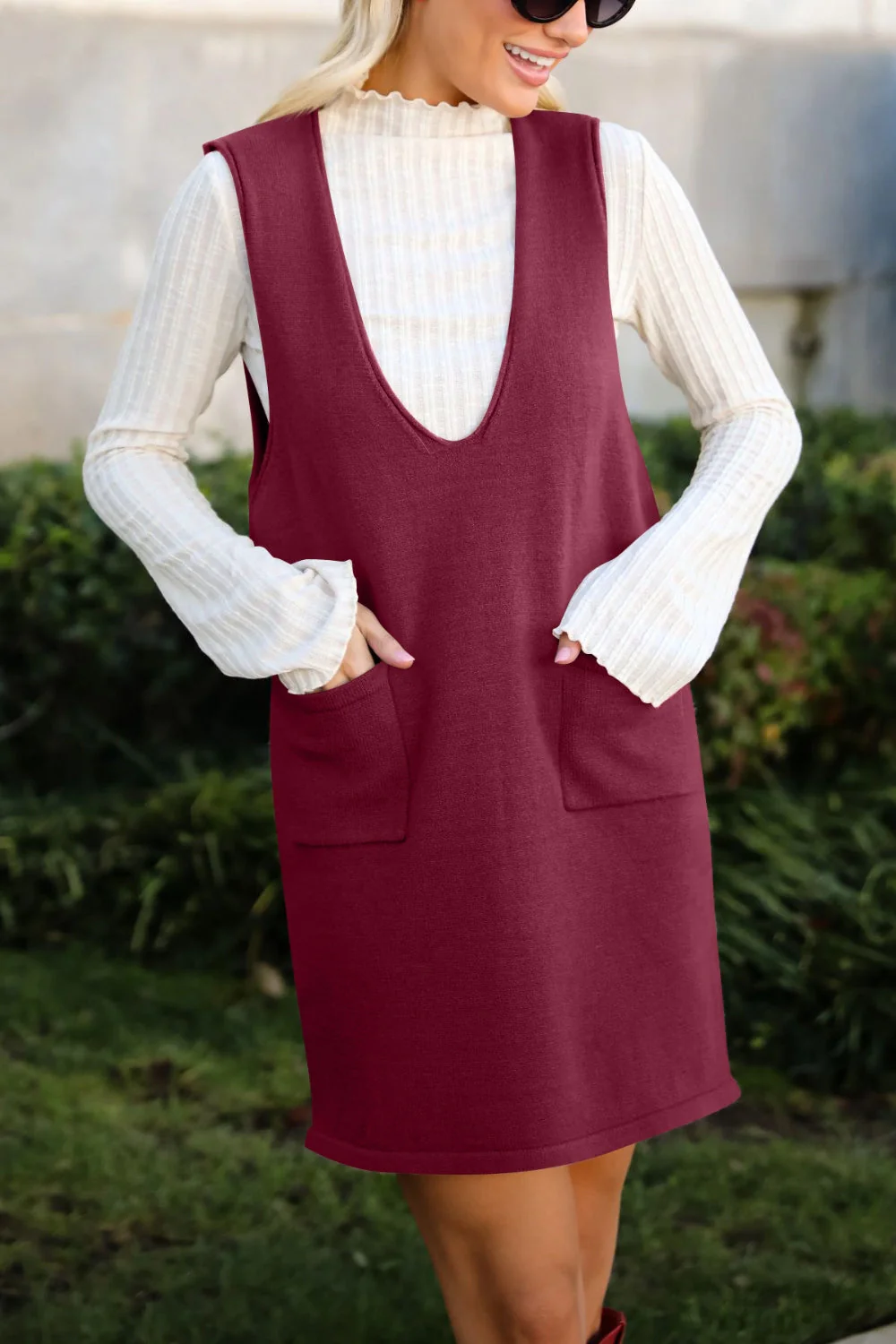 Lovelet Pocketed V-Neck Mini Sweater Overall Dress - Image 9