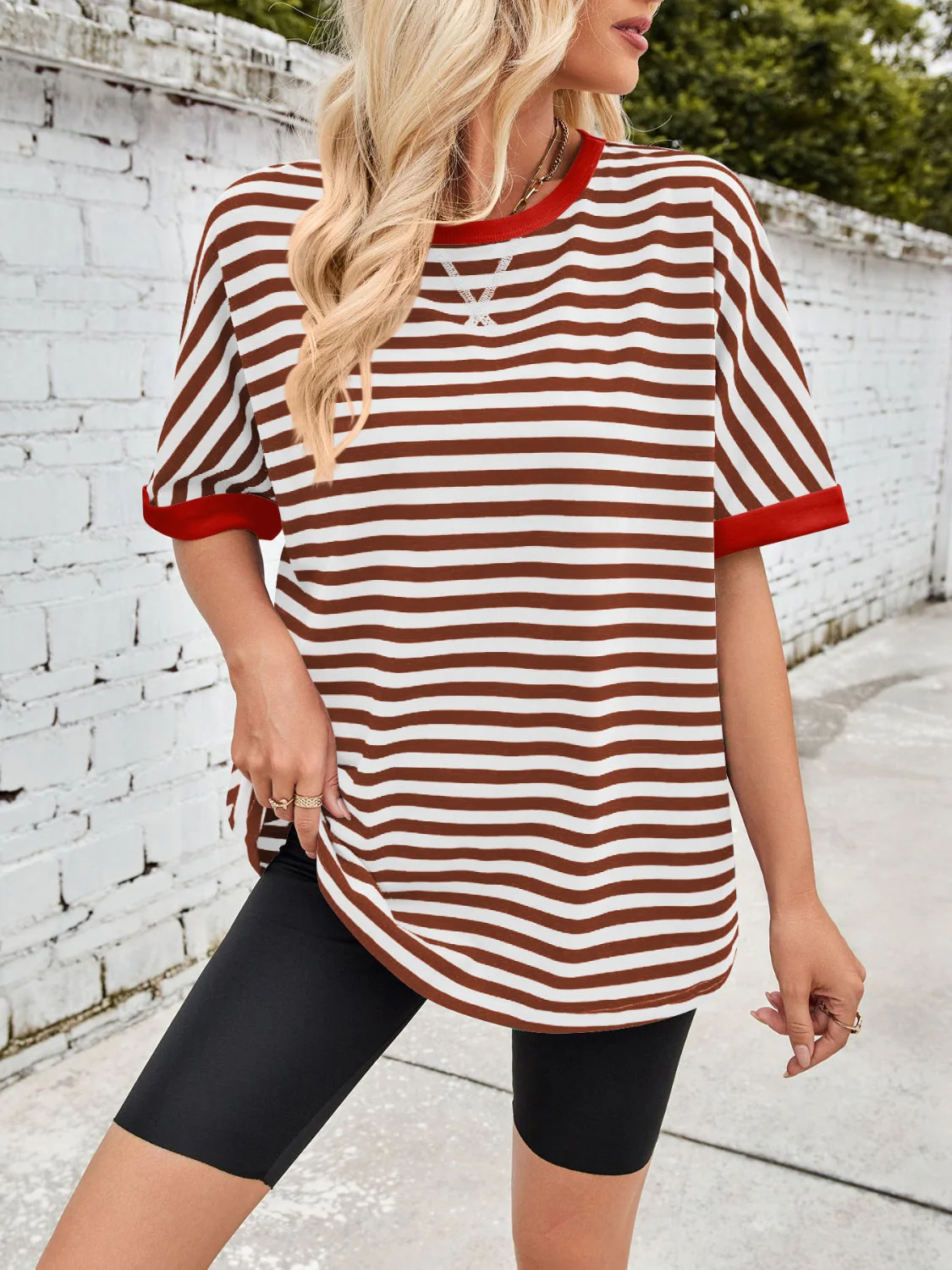 Lovelet Striped Round Neck Half Sleeve T-Shirt - Image 29