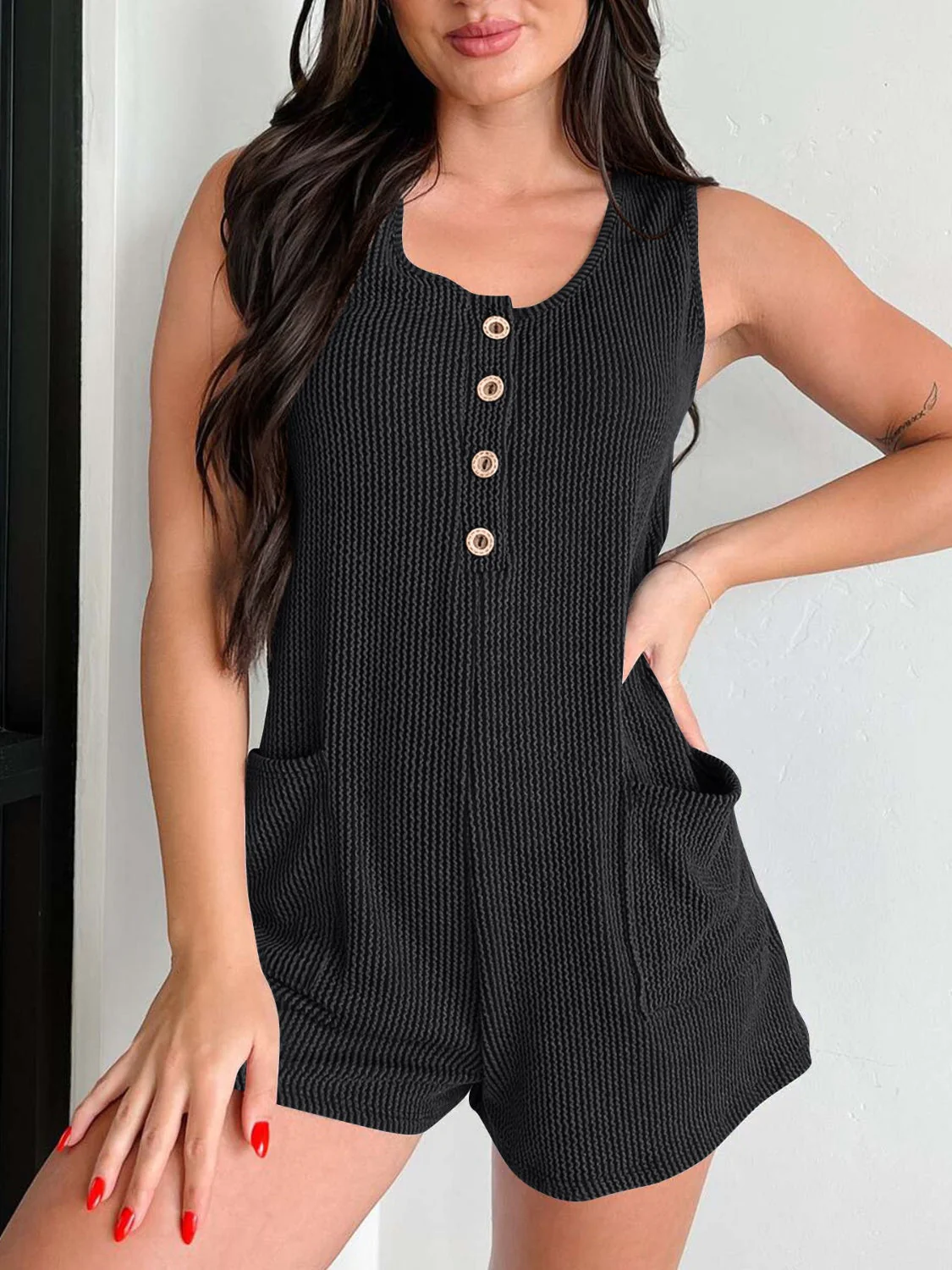 Lovelet Texture Wide Strap Romper with Pockets - Image 25