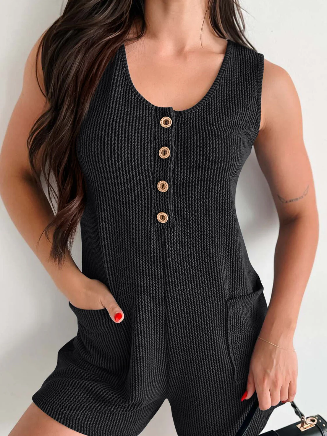 Lovelet Texture Wide Strap Romper with Pockets - Image 27