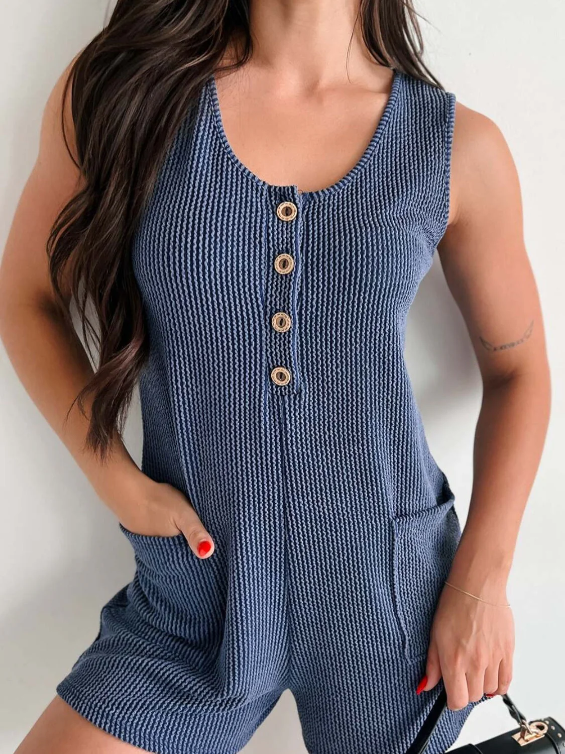 Lovelet Texture Wide Strap Romper with Pockets - Image 3