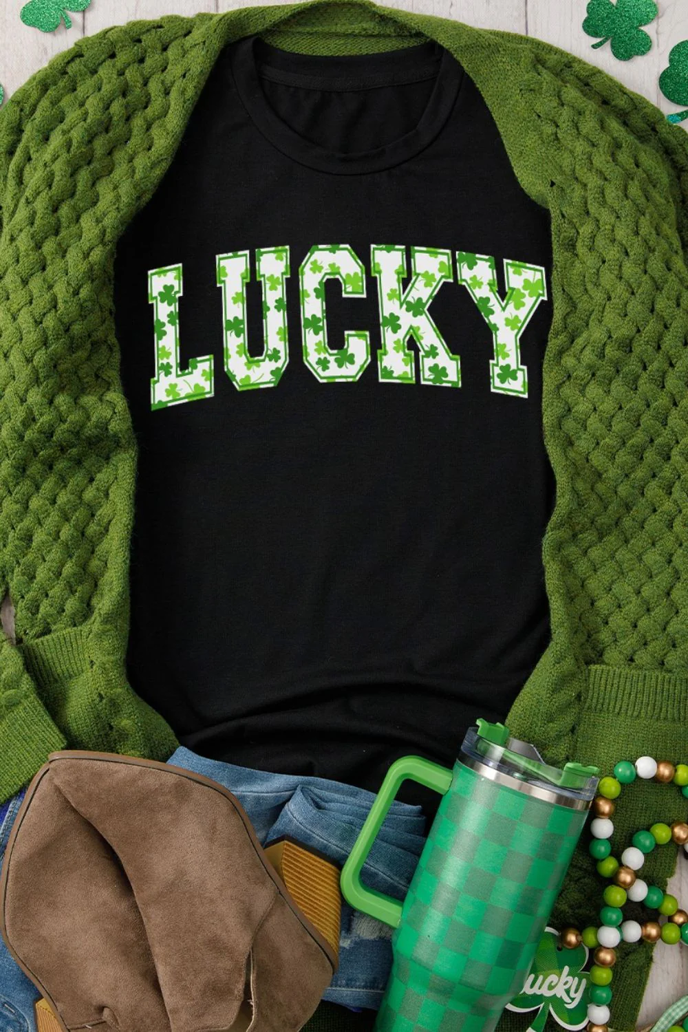LUCKY Letter Clover Short Sleeve T-Shirt - Image 4