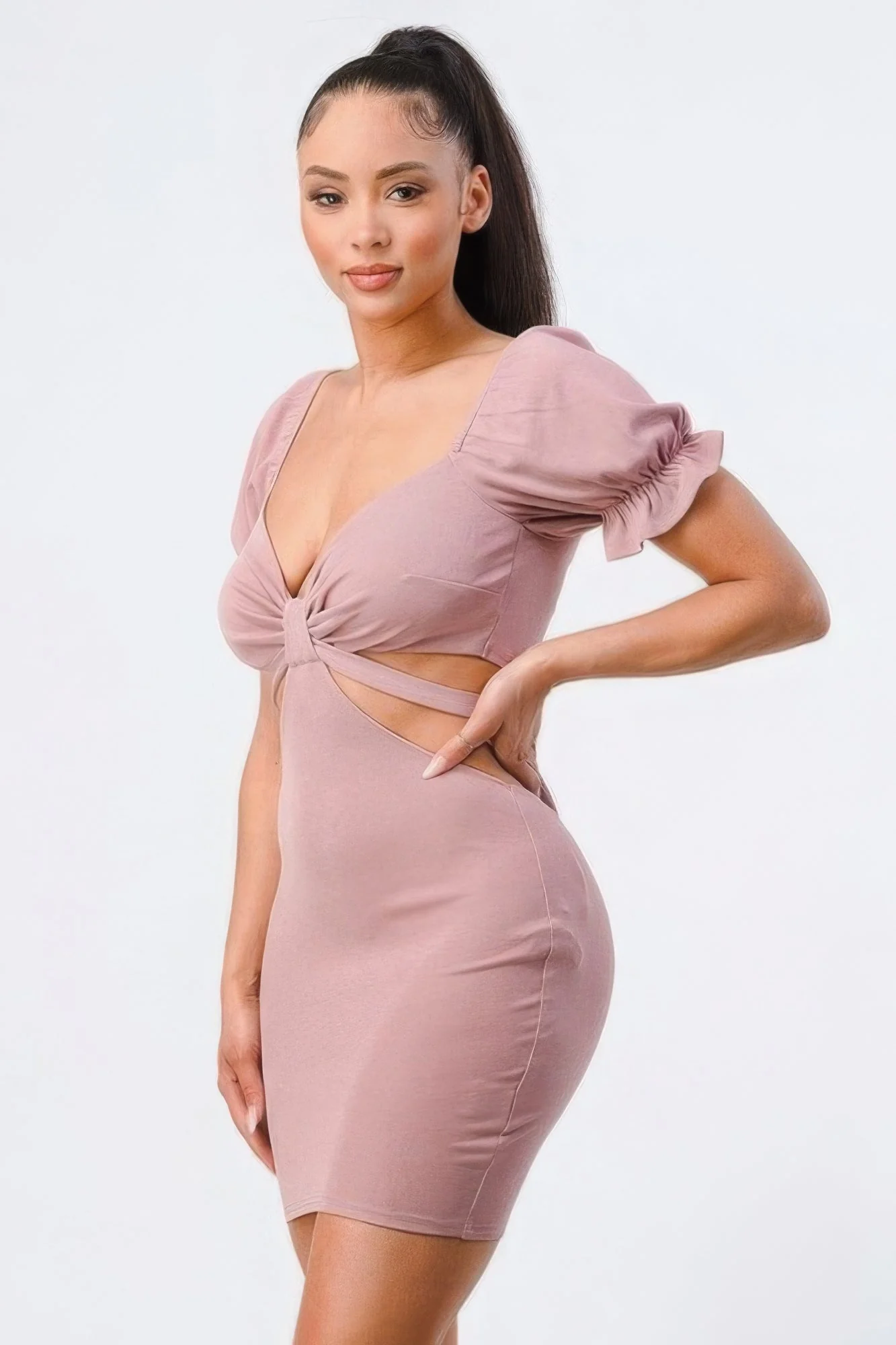 Lux Side Cutout W/ Back Tie Detail Bodycon Dress by Balec Group - Image 3