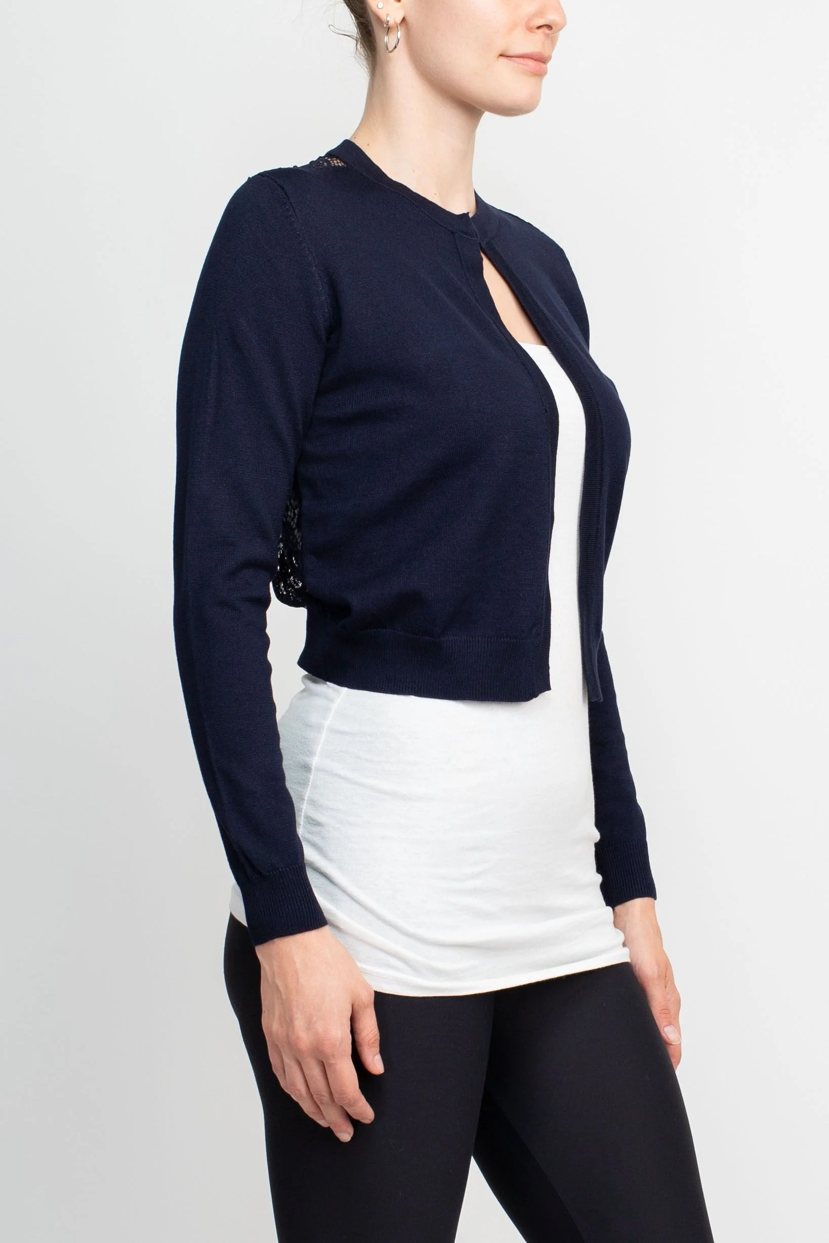Luxxe Lane Crew Neck Open Front Hook Eye Closure Long Sleeve Lace Back Knit Bolero by Curated Brands - Image 2