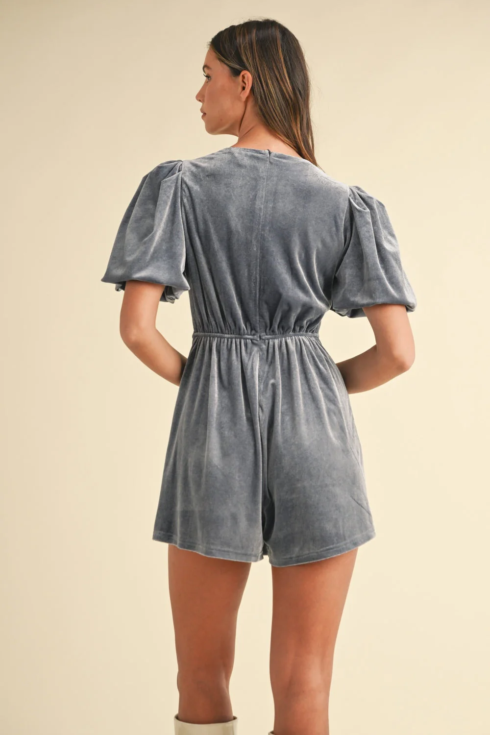 Mable Jewel Bow Decor Puff Sleeve Velvet Romper - Image 2