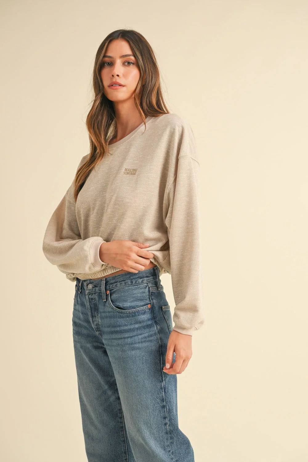 Mable Round Neck Letter Embroidery Crop Sweatshirt - Image 3