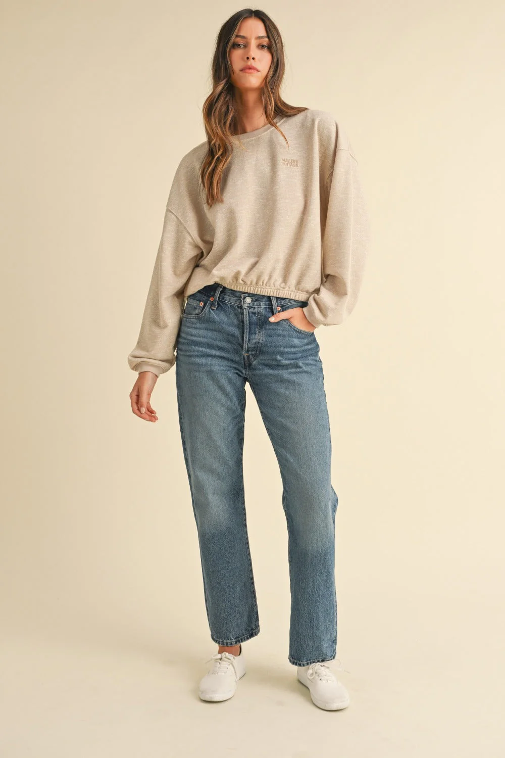 Mable Round Neck Letter Embroidery Crop Sweatshirt - Image 4