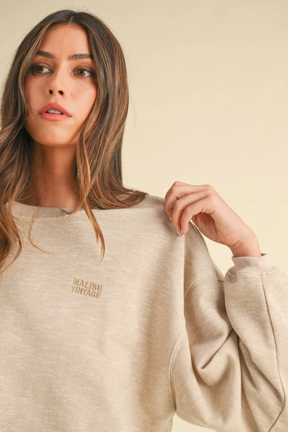 Mable Round Neck Letter Embroidery Crop Sweatshirt - Image 5