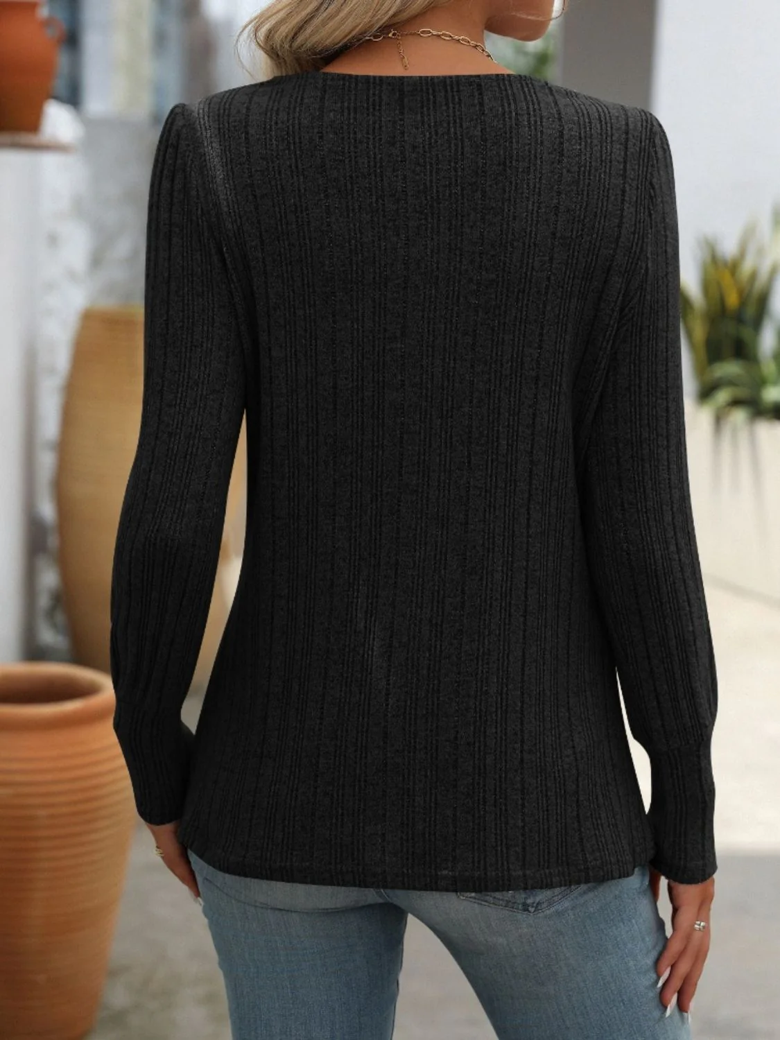 Mandy Decorative Button Striped Square Neck Long Sleeve T-Shirt - Image 11