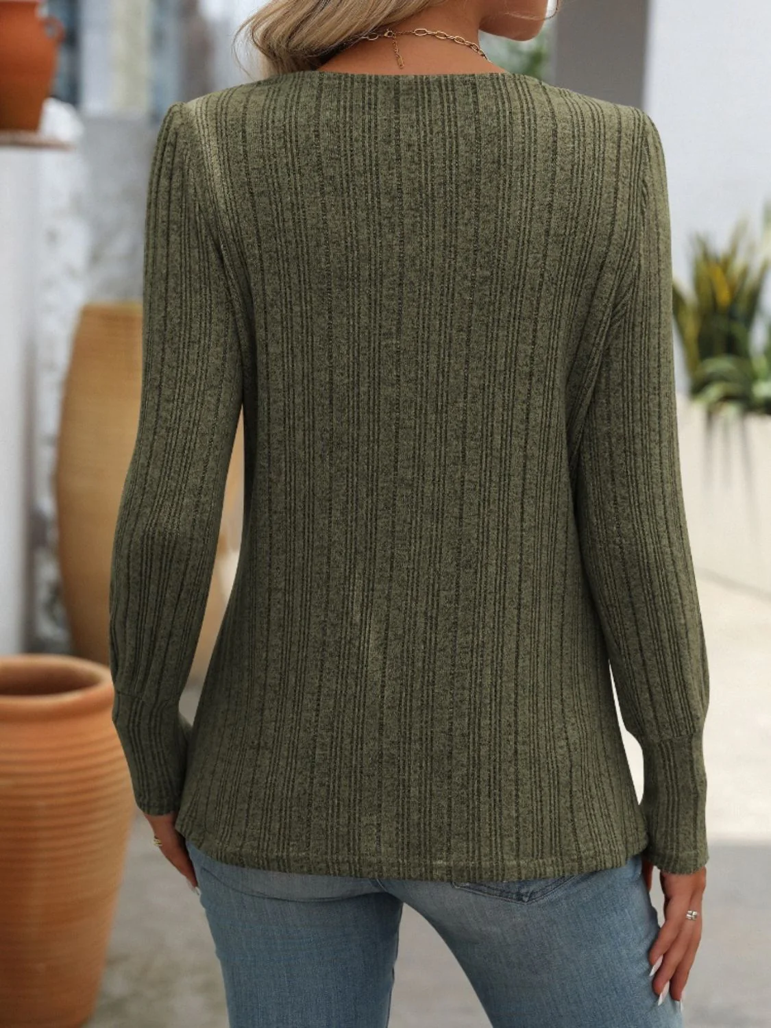Mandy Decorative Button Striped Square Neck Long Sleeve T-Shirt - Image 15