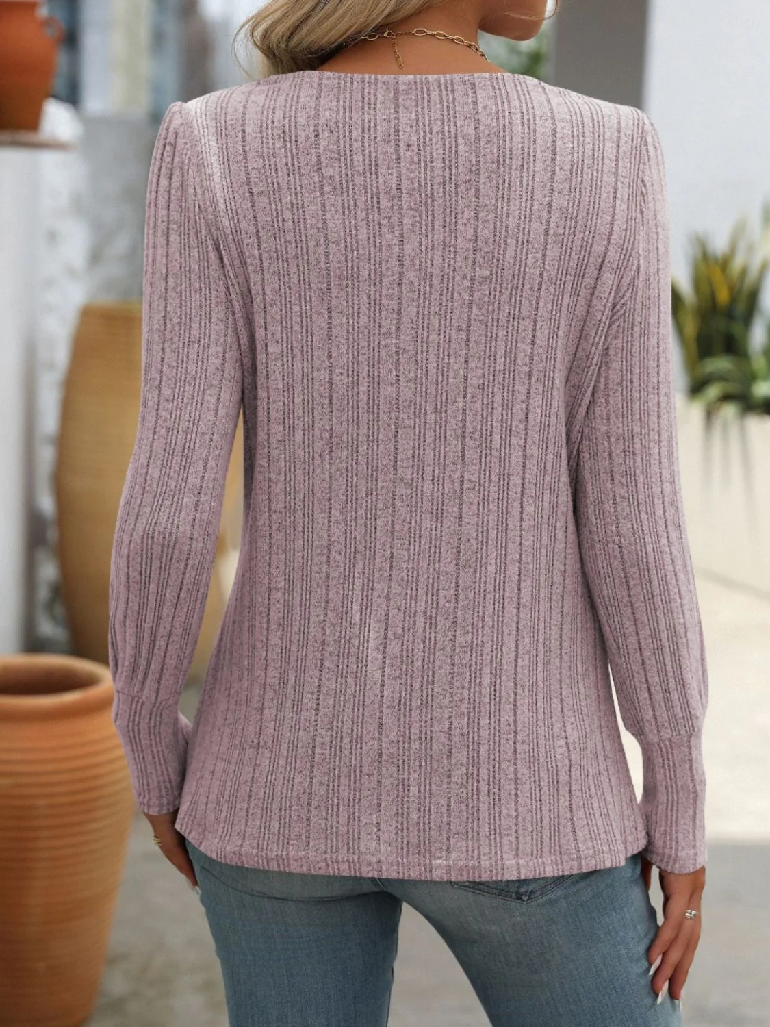 Mandy Decorative Button Striped Square Neck Long Sleeve T-Shirt - Image 19