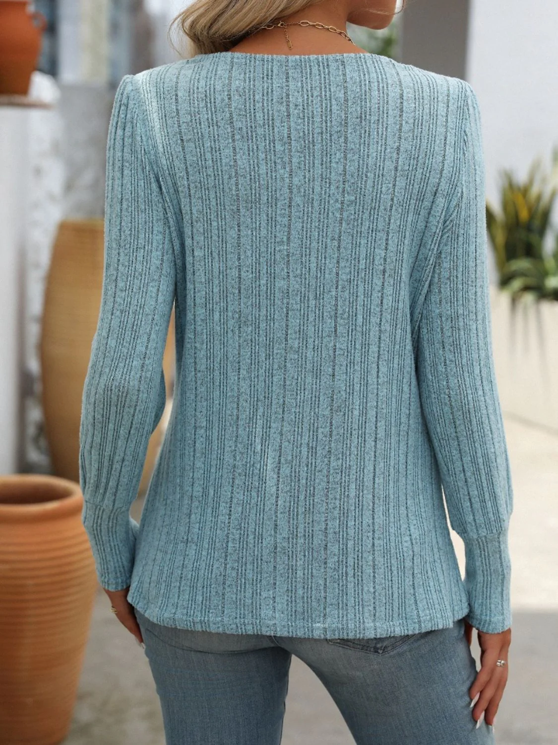 Mandy Decorative Button Striped Square Neck Long Sleeve T-Shirt - Image 2