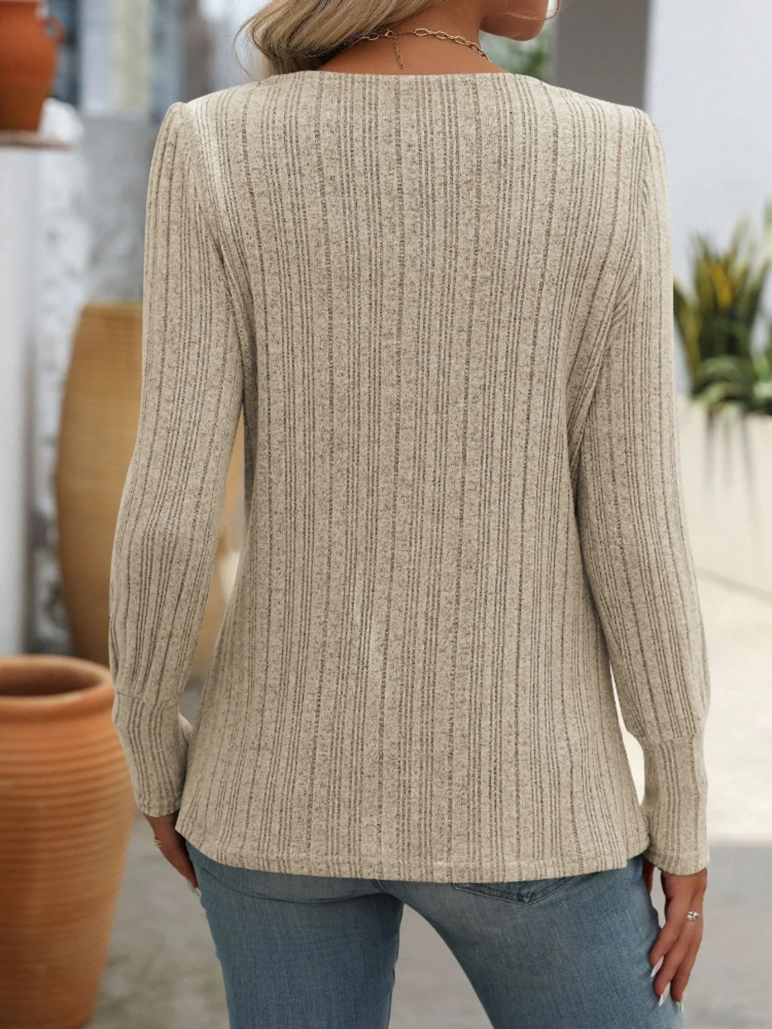 Mandy Decorative Button Striped Square Neck Long Sleeve T-Shirt - Image 24