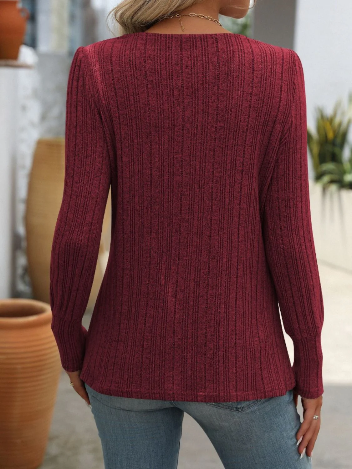Mandy Decorative Button Striped Square Neck Long Sleeve T-Shirt - Image 6