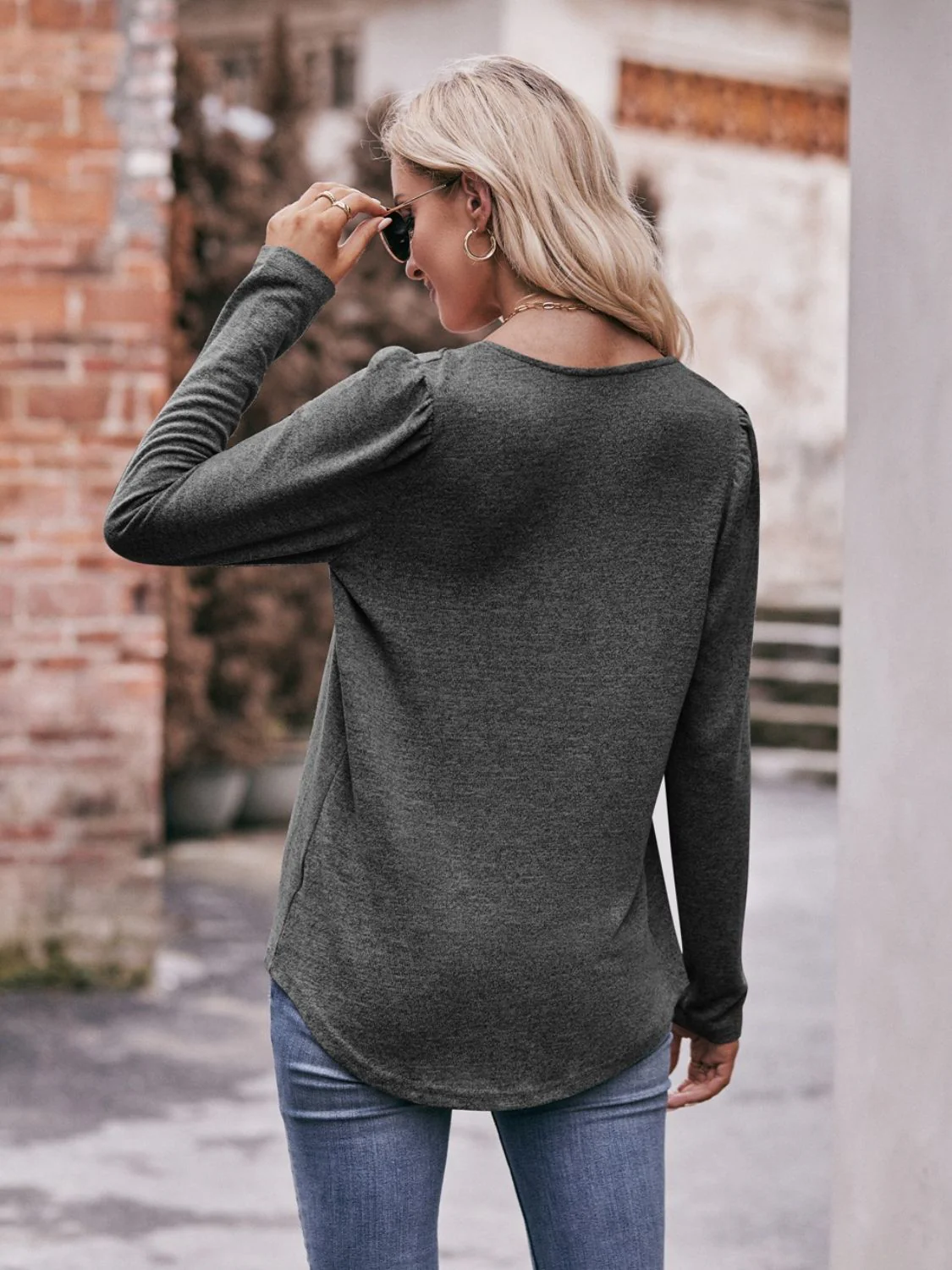 Mandy Pleated Detail Curved Hem Long Sleeve Top - Image 12